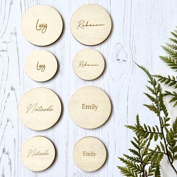 Round Wooden Wedding Favour Place Name Settings, 9 of 9
