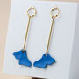 Gold Bar Drop Stud Earrings With Blue Petals, thumbnail 1 of 4