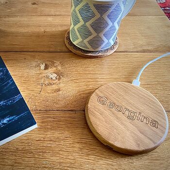 Personalised Solid Oak Wooden Wireless Charger, 4 of 10