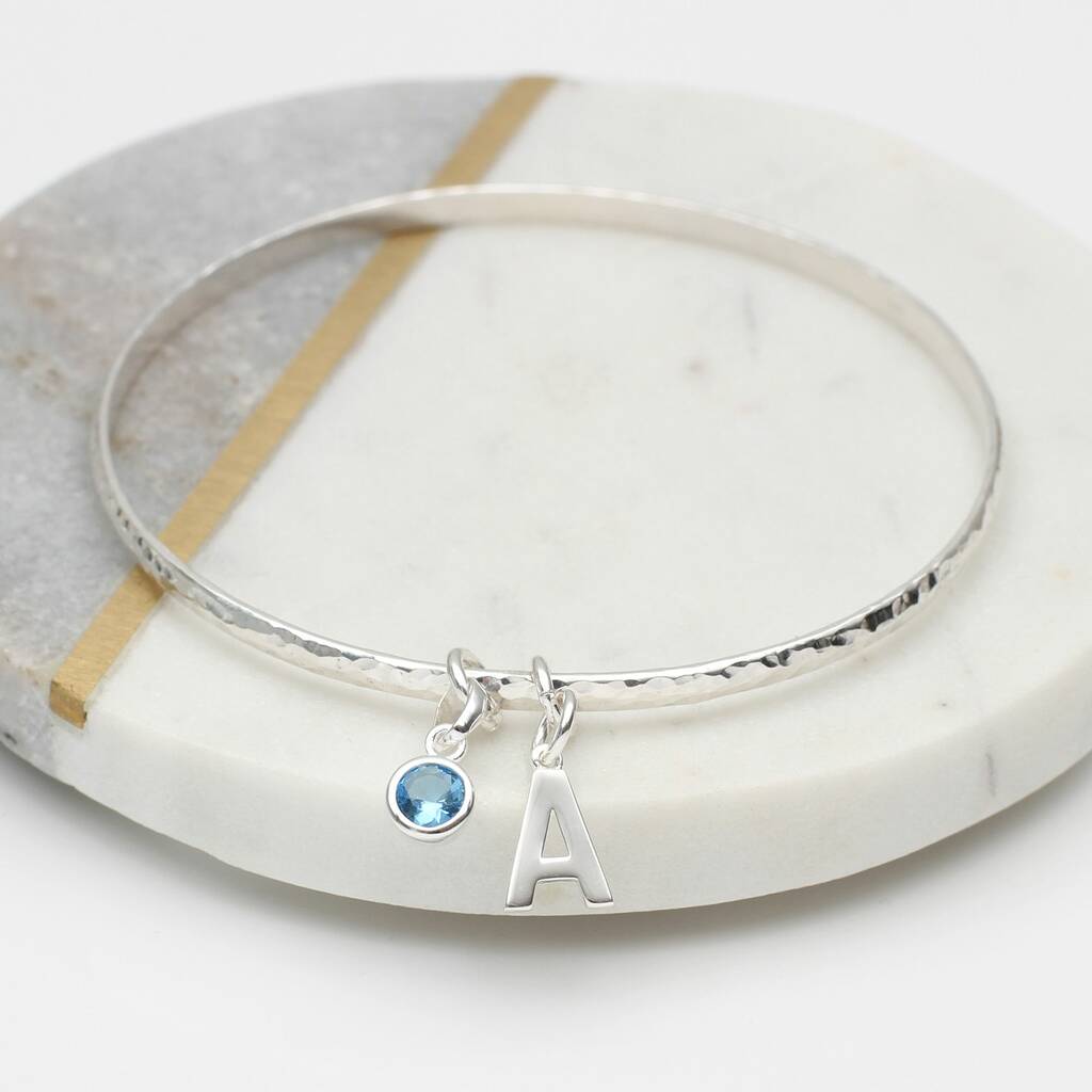 Sterling Silver Birthstone And Initial Charm Bangle, 1 of 4