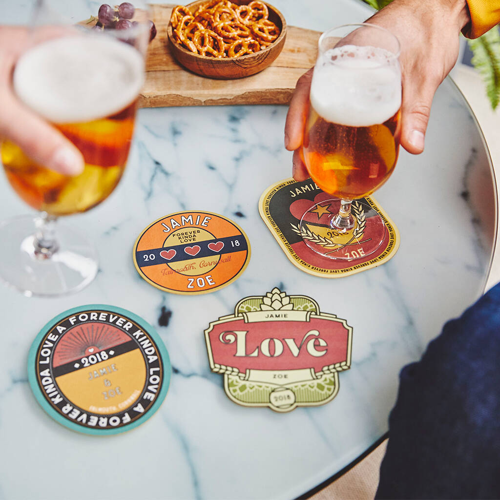 Set Of Four Personalised Couples Retro Style Beer Mats, 1 of 4