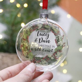 New Home Personalised Wreath Glass Bauble Decoration, 2 of 4