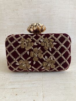 Maroon Velvet Handcrafted Rectangular Clutch Bag, 8 of 10