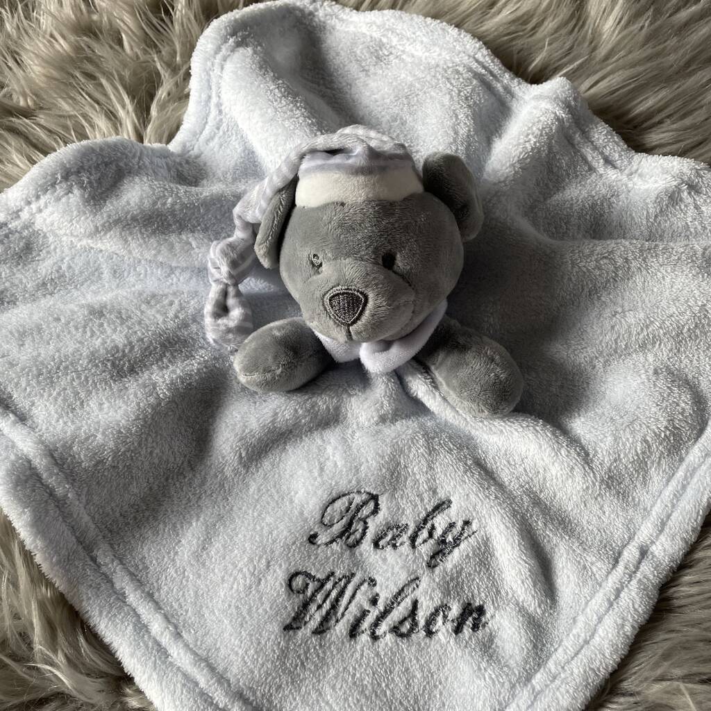 Embroidered Blue And Grey Baby Bear Comforter, 1 of 6