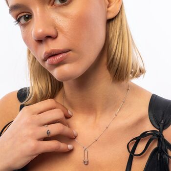 Sterling Silver Safety Pin Necklace With Beaded Chain, 7 of 11