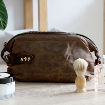 Personalised Men’s Waxed Canvas Leather Wash Bag, 8 of 12