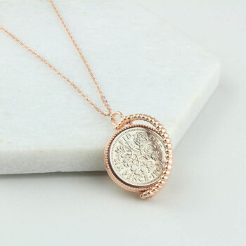 60th Birthday 1964 Lucky Sixpence Spinner Necklace, 4 of 6