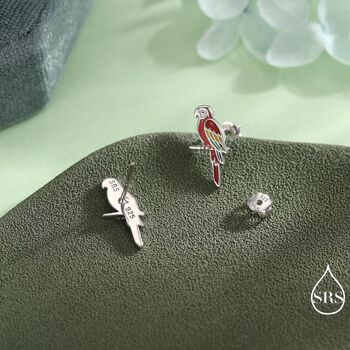 Mismatched Macaw Parrot Bird Stud Earrings In Sterling Silver, 4 of 12