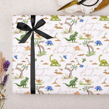 Three Sheets Of Dinosaur 5th Birthday Wrapping Paper, 2 of 2