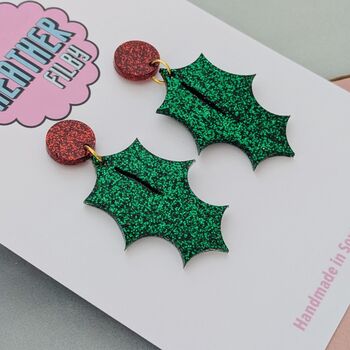 Holly Leaf Glitter Resin Christmas Earrings, 2 of 4