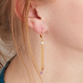 Pearl And Pastel Sapphire Gemstone Chain Earrings, 18 K Gold Vermeil, 2 of 7