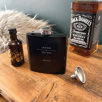 Personalised Modern Engraved Black Metal Hip Flask Wedding, Groomsmen And Birthday Gift, 6 of 11