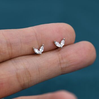 Sterling Silver Cz Marquise Leaf Duo Stud Earrings, 5 of 12