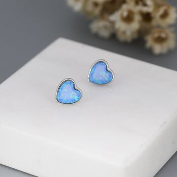 Blue Opal Heart Stud Earrings In Sterling Silver, 5 of 7