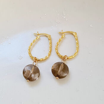 Gold Plated Twisted Oval Hoops With Smoky Quartz Drops, 4 of 5