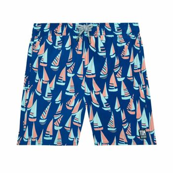 Father And Son Matching Blue And Coral Boat Swim Shorts, 6 of 8