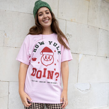 How Yule Doin' Women's Christmas T Shirt In Pink, 2 of 4