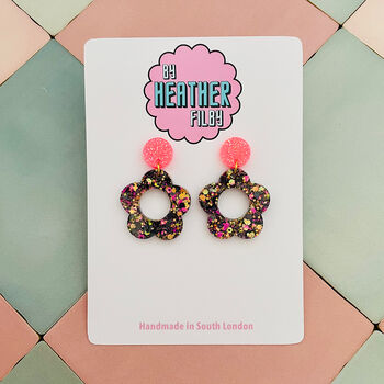 Flower Glitter Resin Earrings 60's Mary Quant Style, 8 of 8