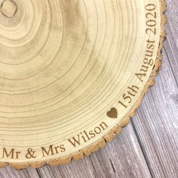 Personalised Log Slice Cake Stand Board For Wedding, 2 of 3