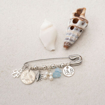 Beach Theme Wedding Bridal Charm Gift | Something Old, New, Borrowed, Blue | Aquamarine Stones | Engraved Wedding Gift For Bride To Be, 5 of 9