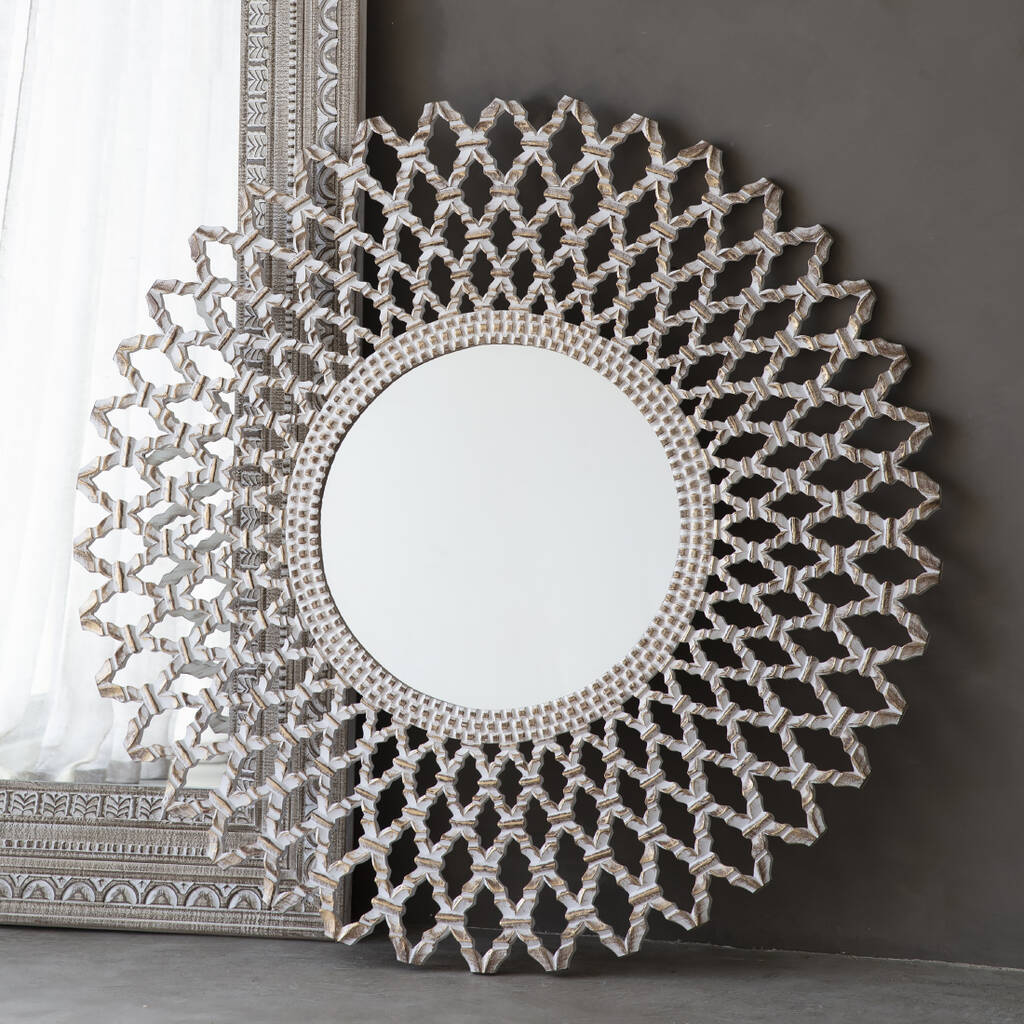 White Wooden Carved Wall Mirror By Primrose & Plum