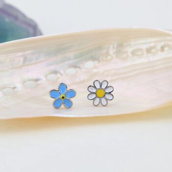 Sterling Silver Mismatched Enamel Daisy And Forget Me Not Flower Stud Earrings, 3 of 12