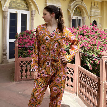 Mustard Yellow Block Print Floral 100% Cotton Ladies Pyjamas, 2 of 8