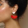 Mabel Coral Red – Art Deco Silky Tassels And Deco Brass Statement Dangle Earrings, thumbnail 1 of 5
