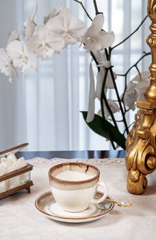Beige Tea Cup With Saucer Handmade Porcelain Drip Glaze, 4 of 6