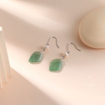 Sterling Silver Dangling Carved Jade Leaf Earrings With Natural Freshwater Pearls, 7 of 12