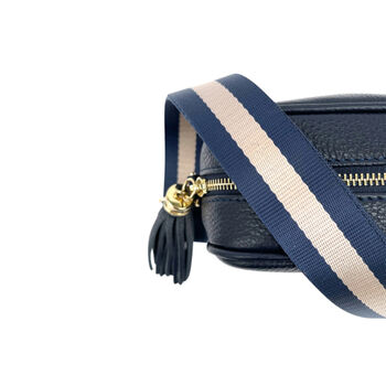 Navy Leather Crossbody Bag With Navy And Gold Strap, 5 of 9