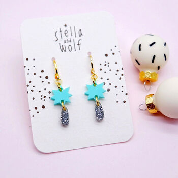 Powder Blue Star And Silver Glitter Drop Earrings, 4 of 5