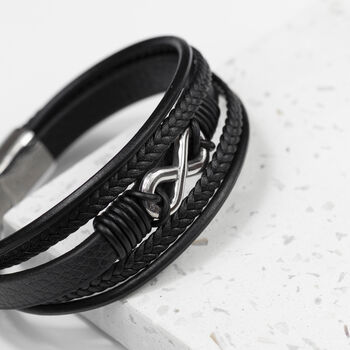 Engraved Silver Plated Infinity Stacked Leather Bracelet, 4 of 5