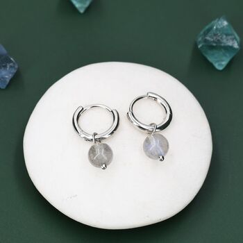 Sterling Silver Genuine Labradorite Stone Beaded Huggie Hoop Earrings, 3 of 11