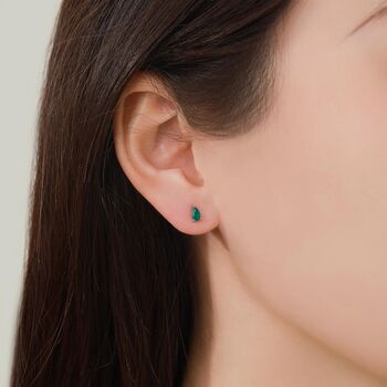 Sterling Silver Tiny Genuine Green Onyx Droplet Stud Earrings, 2 of 11
