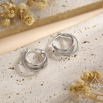 Sterling Silver Triple Hoop Effect Earrings, 7 of 11