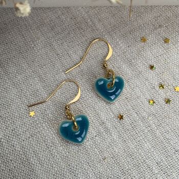 Small Green Blue Turquoise Ceramic Heart Earrings, 4 of 10