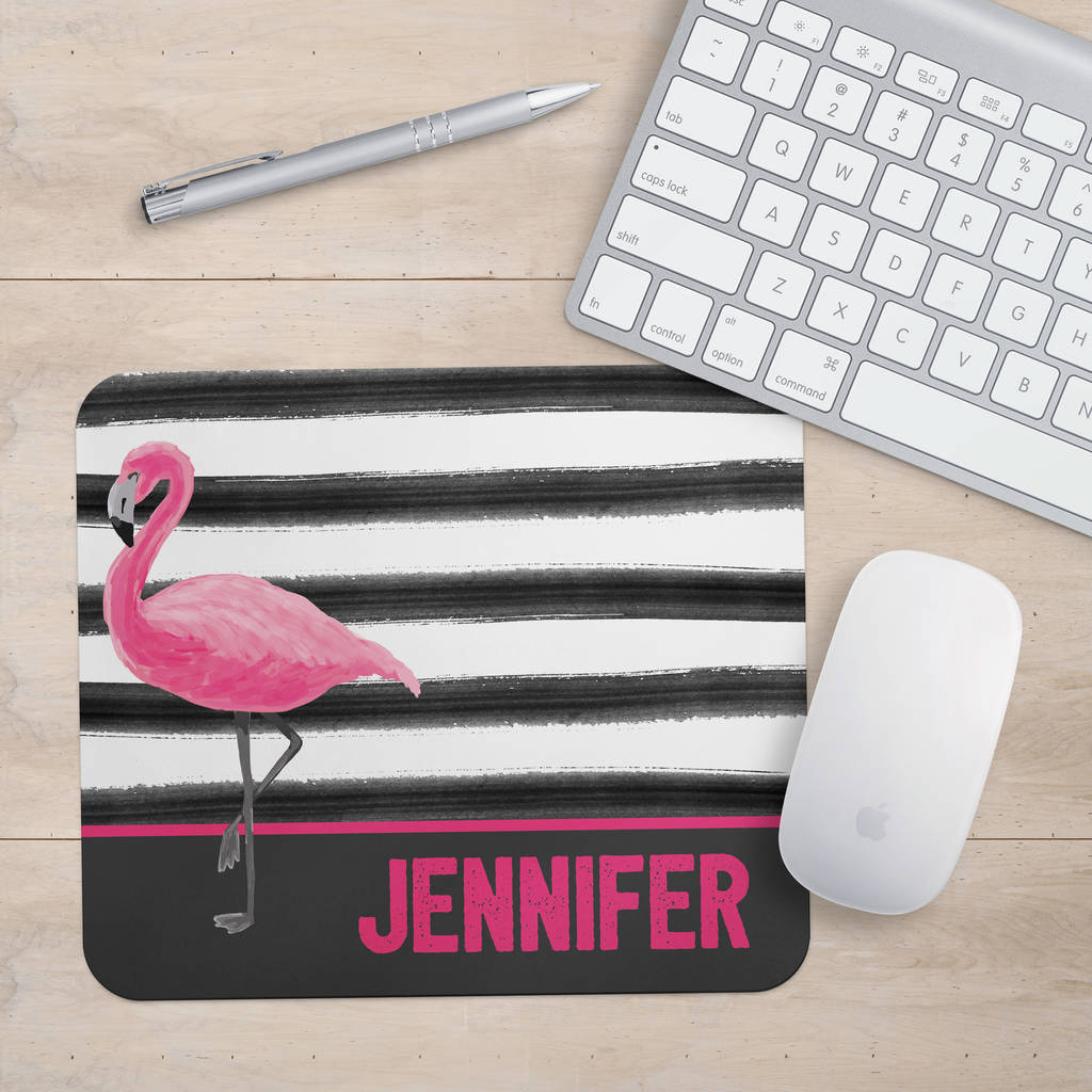 Personalised Flamingo And Stripes Mouse Mat