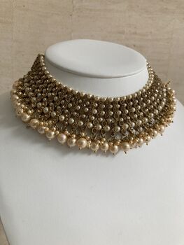 Indian Antique Gold Plated Pearl Choker Set, 6 of 8