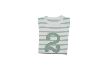 Seafoam + White Breton Striped Number/Age T Shirt, 3 of 6