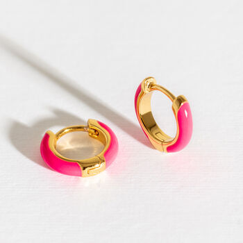 Hot Pink Enamel 14k Gold Vermeil Plated Huggie Earrings, 2 of 7