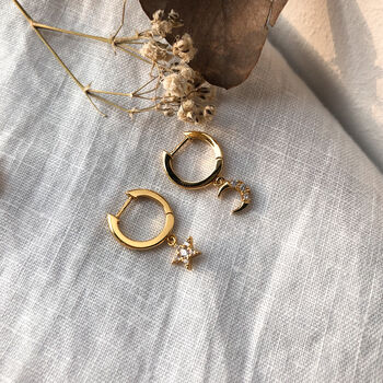 Erika. Gold Plated Moon And Star Hoop Earrings, 3 of 4