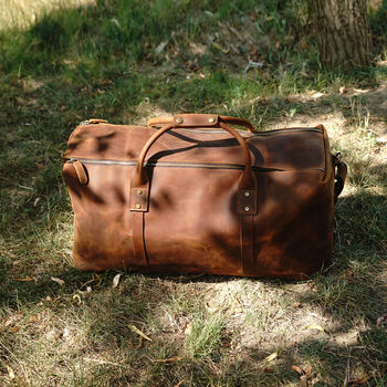 Genuine Leather Holdall Luggage Worn Look Light Brown, 6 of 9