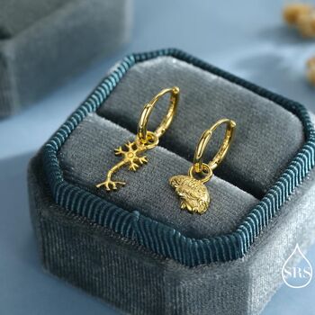 Mismatched Anatomical Brain And Neurone Huggie Hoops Earrings In Sterling Silver, 3 of 12