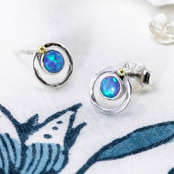 Molten Sterling Silver Blue Opal Halo Stud Earrings, 2 of 7