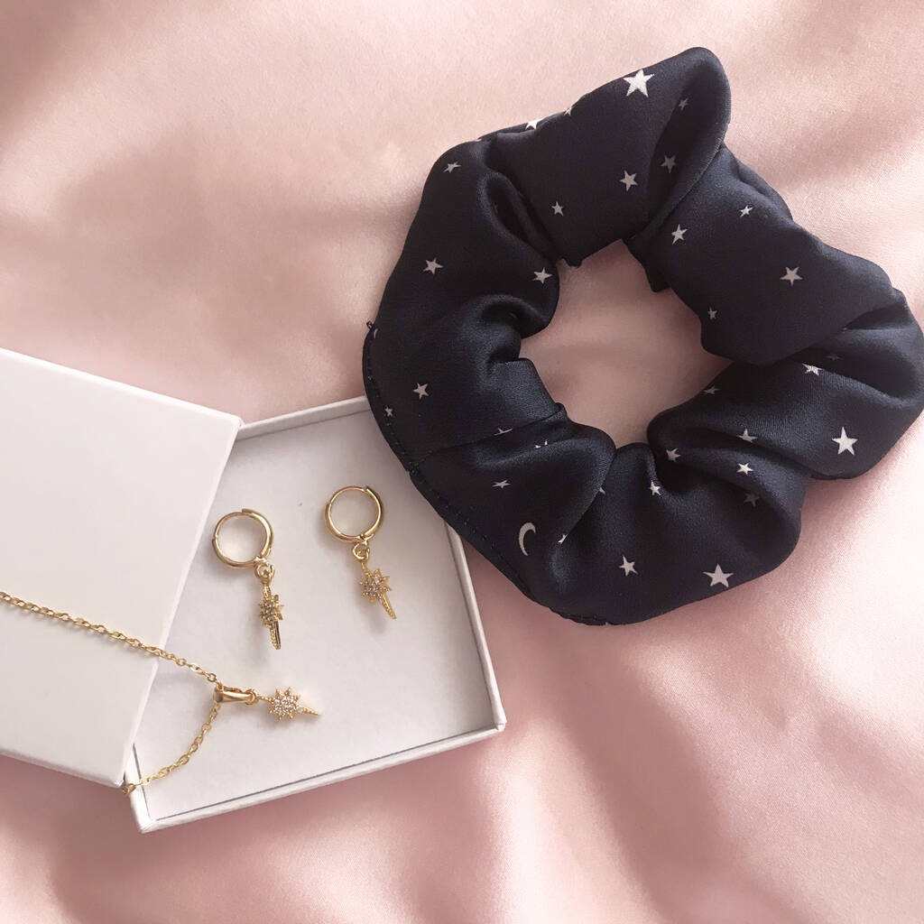 Star Print Silk Scrunchie, Necklace And Earrings Set, 1 of 4
