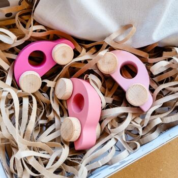 Handmade Set Of Three Pink Wooden Toy Cars, 2 of 3