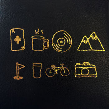 Personalised Leather Lay Flat Wash Bag With Gold Hobby Illustration Tag, 4 of 4