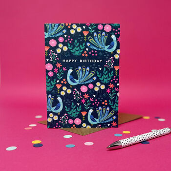 'Happy Birthday' Colourful Peacock Patterned Card, 2 of 4