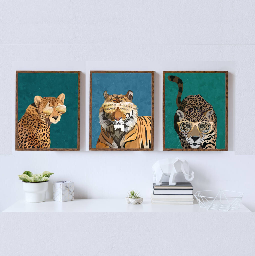 Set Of Three Tiger Cheetah Jaguar Gold Wall Art Print